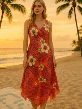 VTG Robbie Bee Med Y2K Midi Dress Floral Tropical Asymmetric handkerchief Beaded